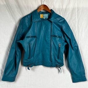 Vintage G III Fashion Leather Jacket Womens Medium M Teal Blue Moto Cropped Coat
